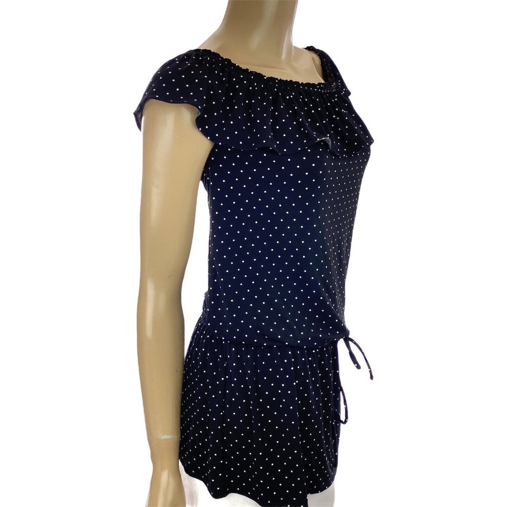 White House/Black Market Blouse Size S Black w/White Dots Cap Sleeve - Picture 6 of 6